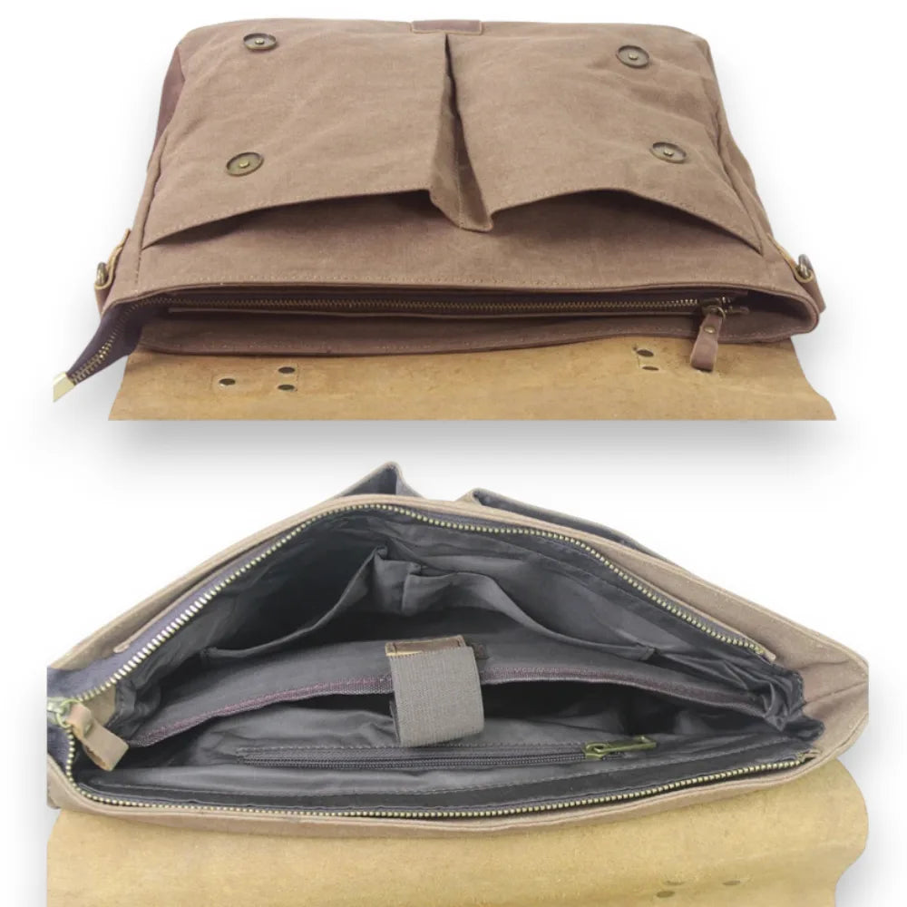 Sac besace homme en toile et cuir compartiments