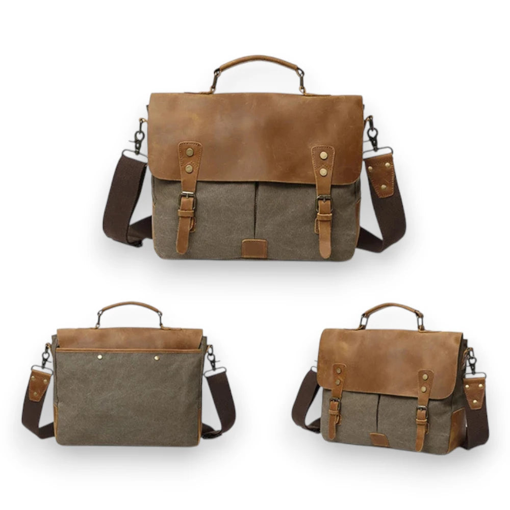 Sac besace homme en toile et cuir kaki sous différents angles