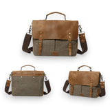 Sac besace homme en toile et cuir kaki sous différents angles
