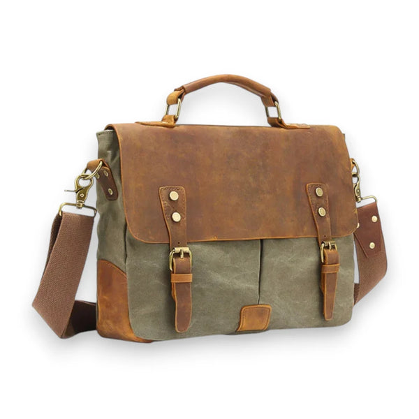 Sac besace homme en toile et cuir kaki