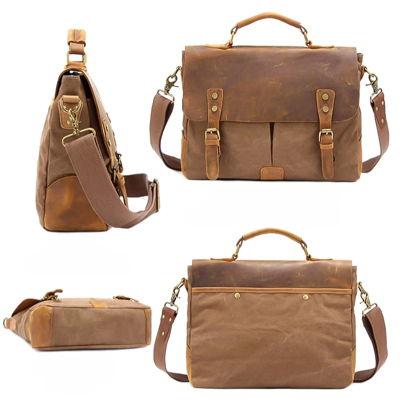 Sac besace homme en toile et cuir marron sous différents angles