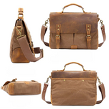 Sac besace homme en toile et cuir marron sous différents angles