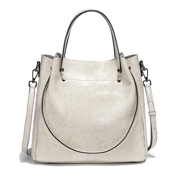 Sac cabas femme en cuir véritable blanc cassé, vue de face