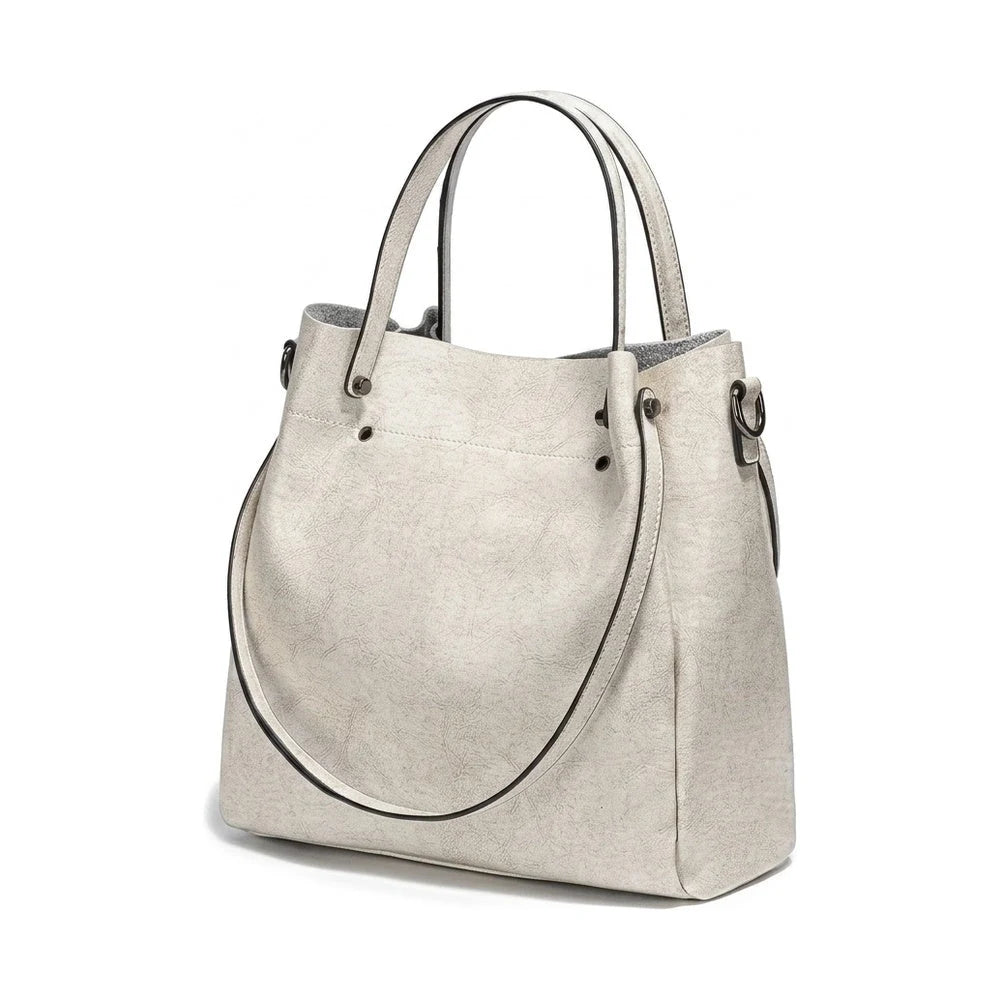 Sac cabas femme en cuir véritable blanc cassé, vue trois quarts