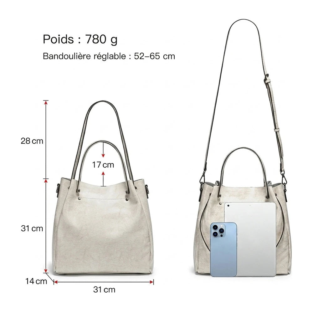 Sac cabas femme en cuir véritable avec dimensions et bandoulière réglable