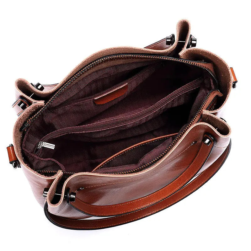 Sac cabas femme en cuir véritable, vue intérieure avec compartiment zippé