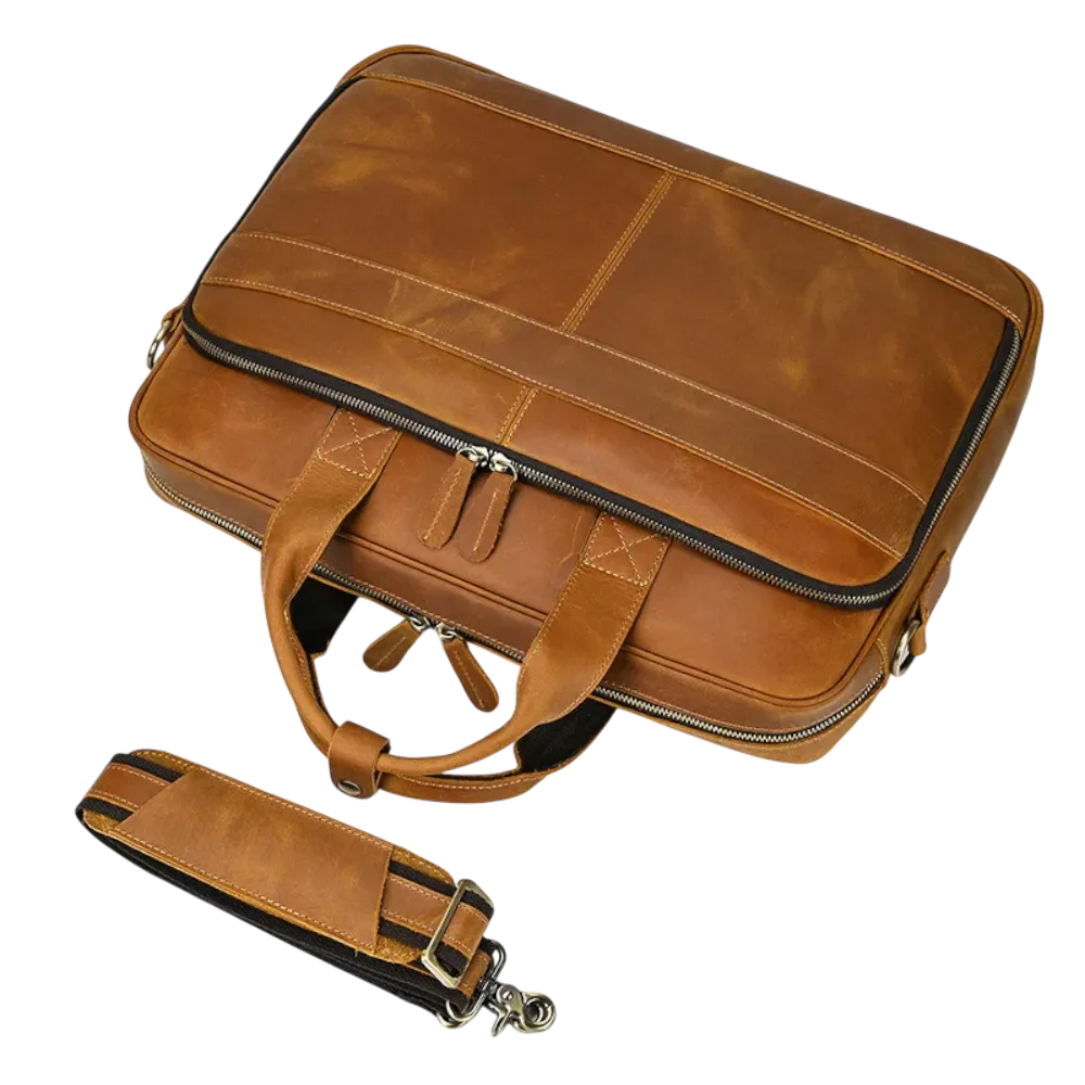 Sac cartable en bandoulière marron à plat