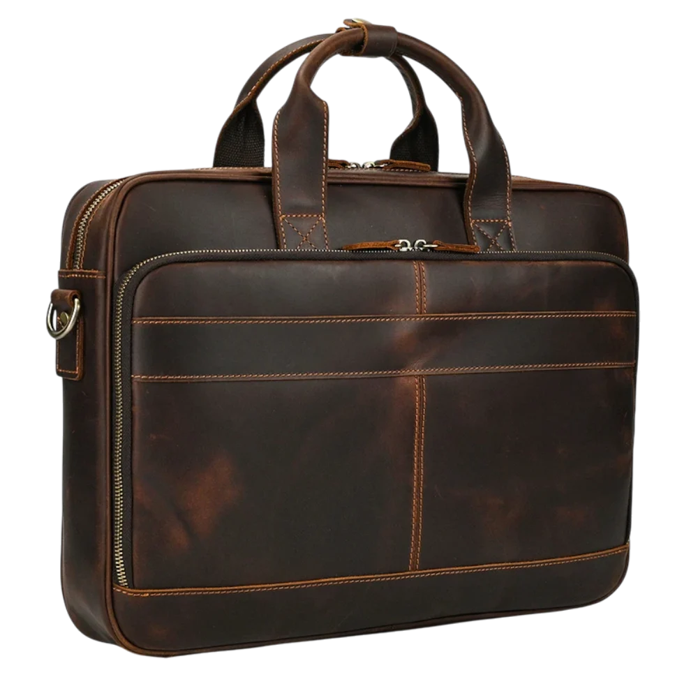 Sac cartable en bandoulière marron foncé de trois quarts