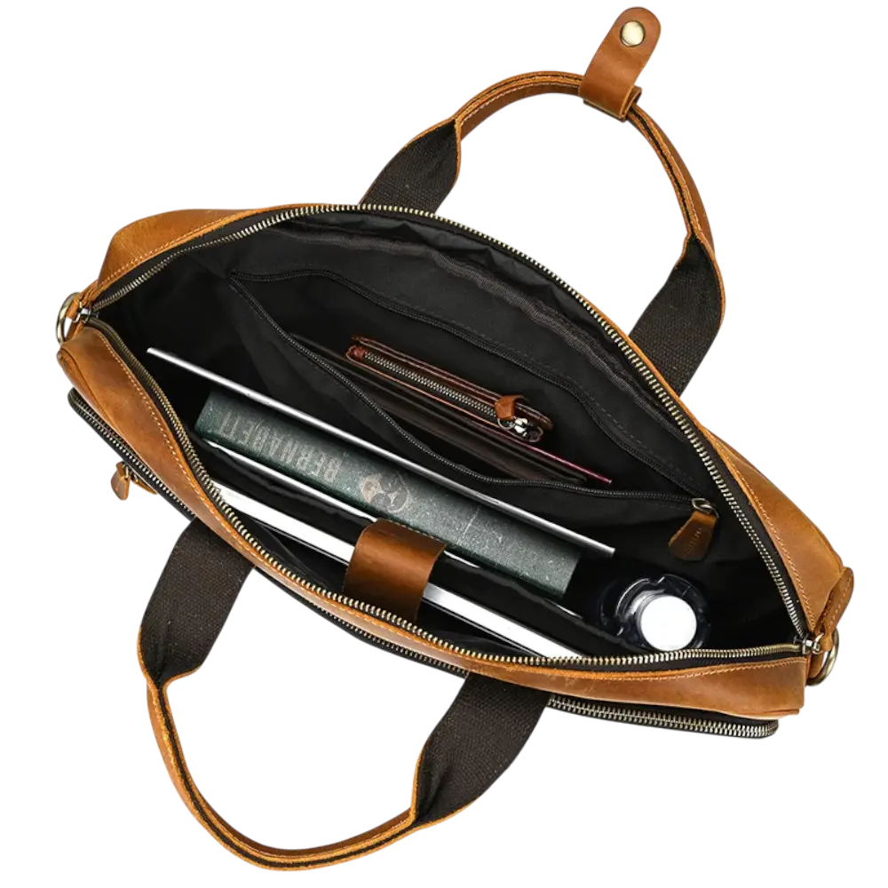 Sac cartable en bandoulière marron intérieur bien agencé