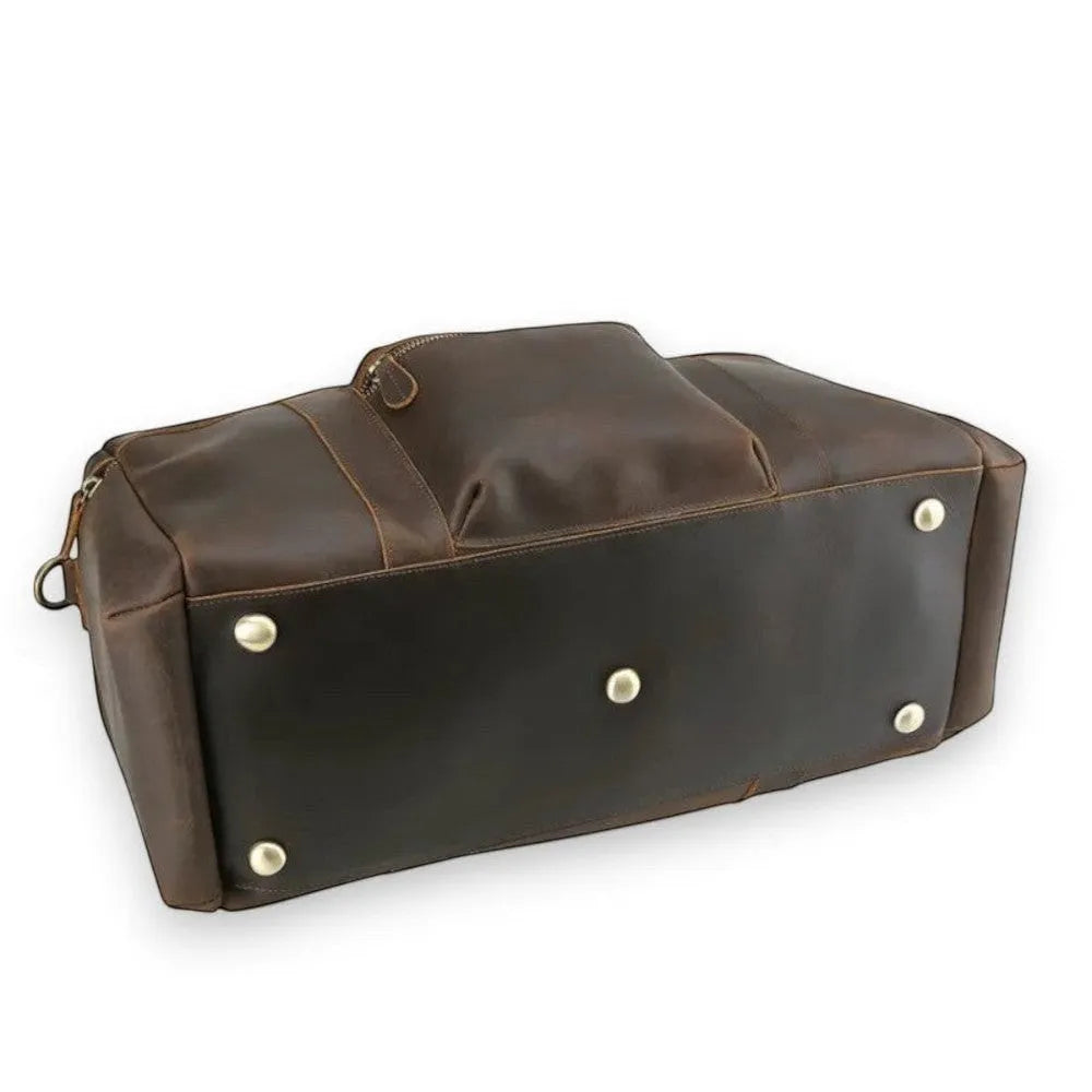 Sac de voyage en cuir véritable vintage, vue de dessous