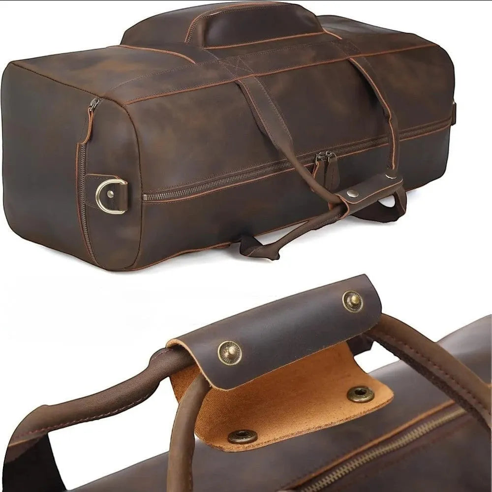 Sac de voyage en cuir véritable vintage, vue de dessus