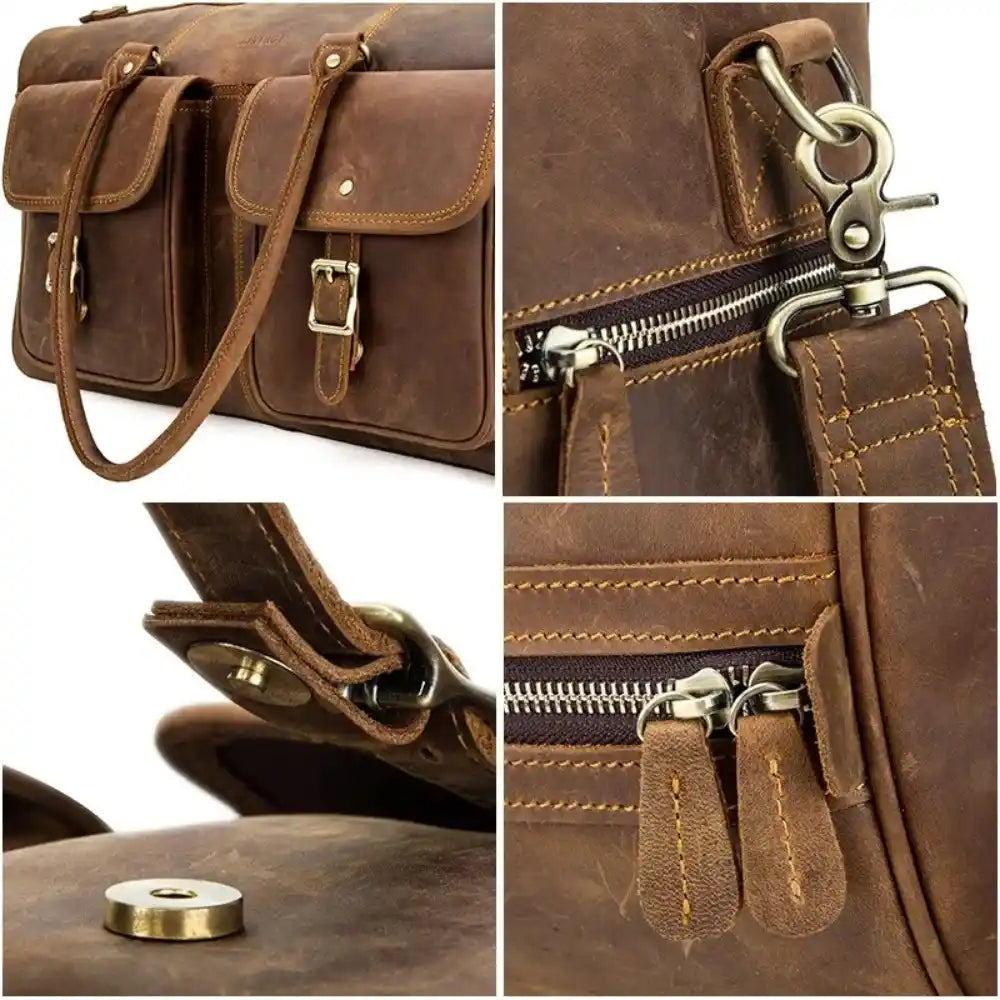 Sac de voyage en cuir véritable vintage détails