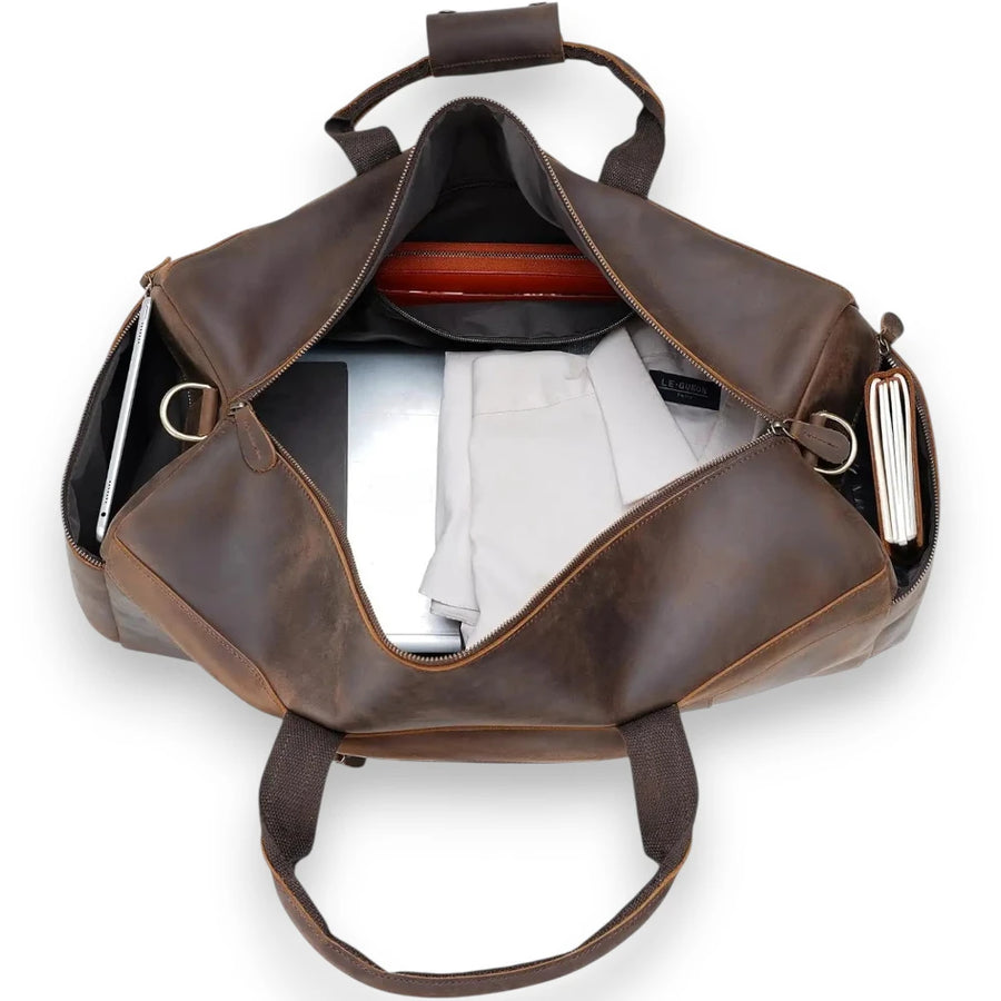 Sac de voyage en cuir véritable vintage, vue intérieure