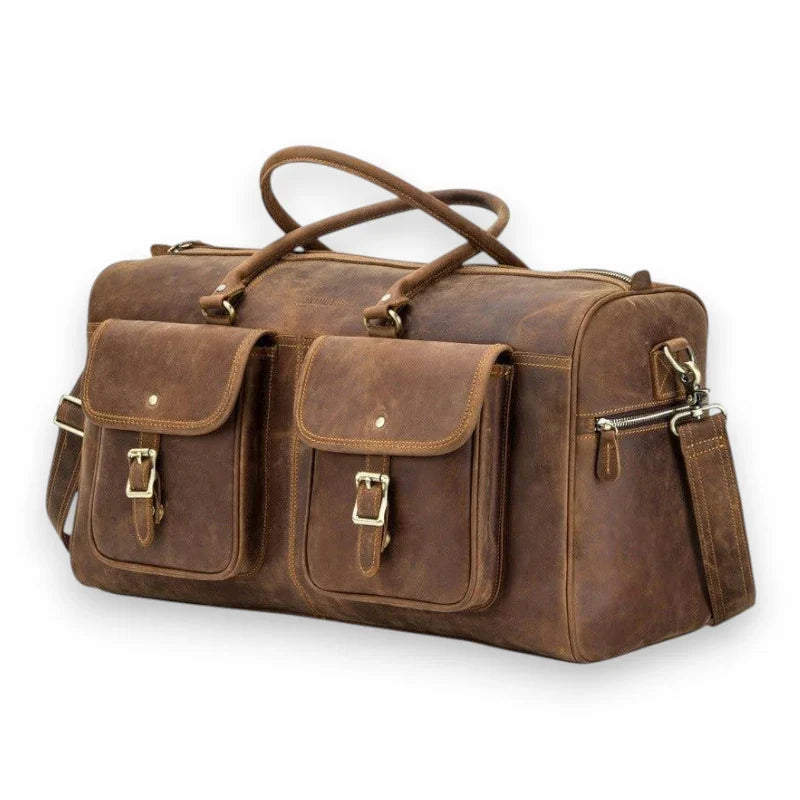 Sac de voyage en cuir véritable vintage de trois quarts