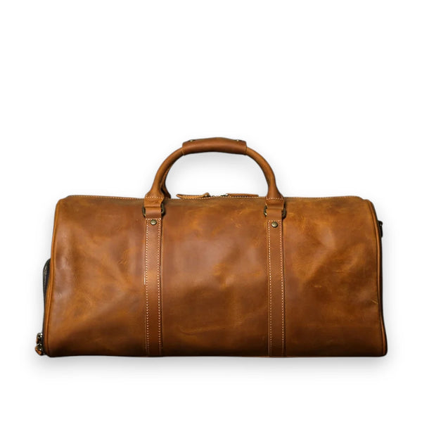 Sac de voyage homme cuir vintage camel de dos