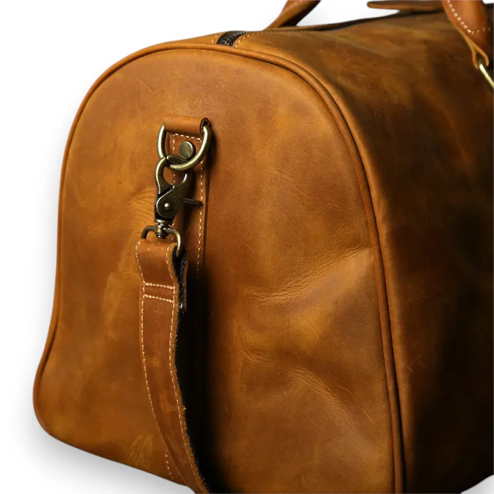 Sac de voyage homme cuir vintage camel détails côté