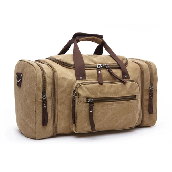 Sac de voyage homme en toile épaisse beige de trois quarts