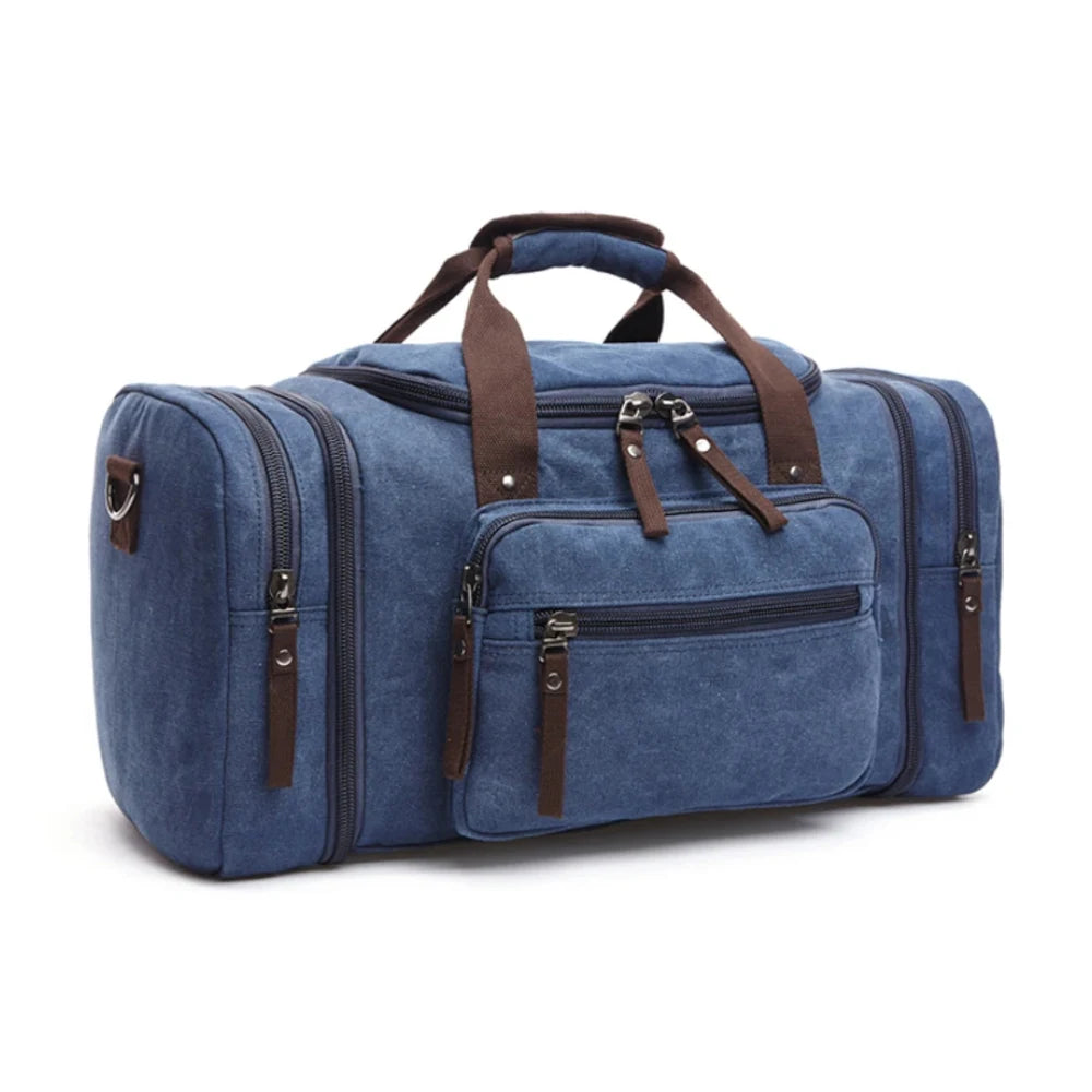 Sac de voyage homme en toile épaisse bleu de trois quarts