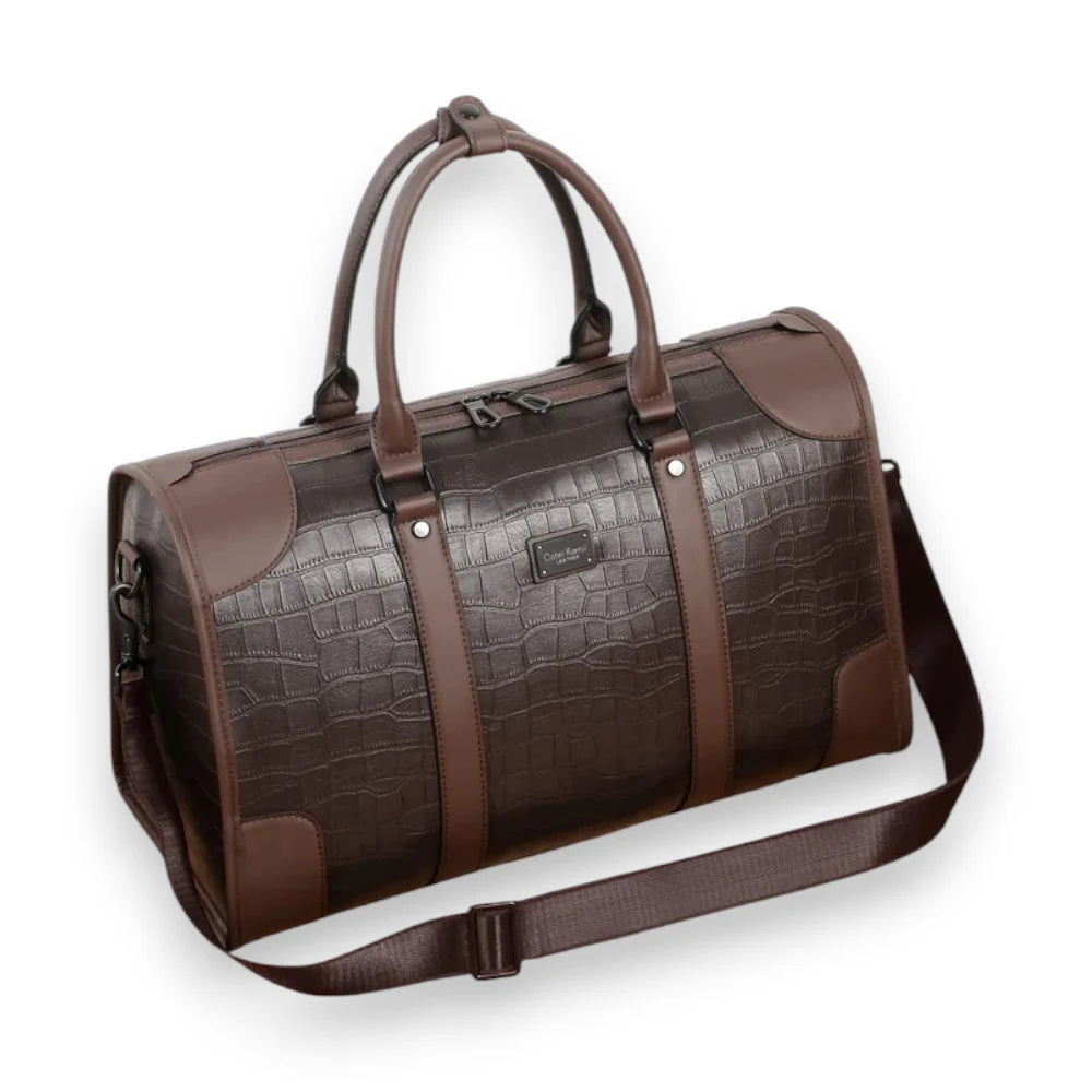 Sac de voyage imitation crocodile marron de trois quarts