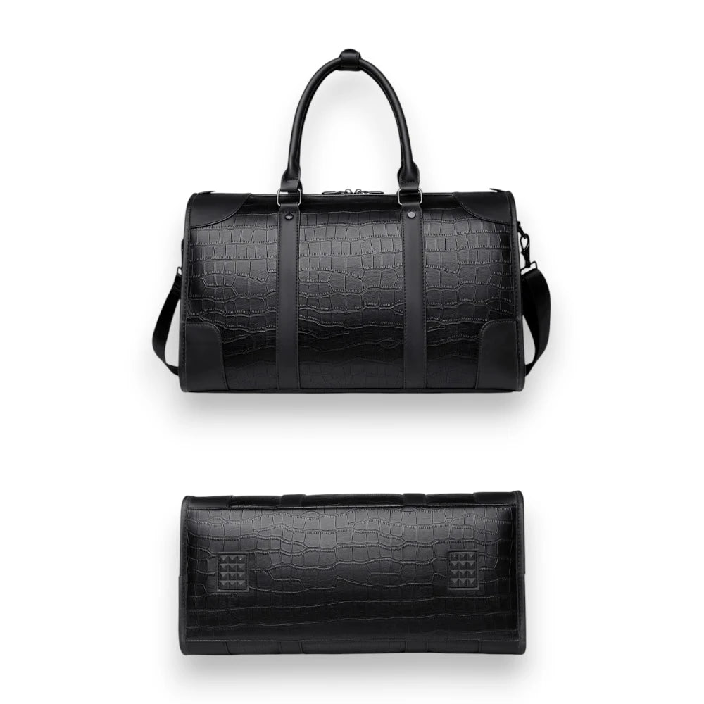 Sac de voyage imitation crocodile noir derrière et dessous