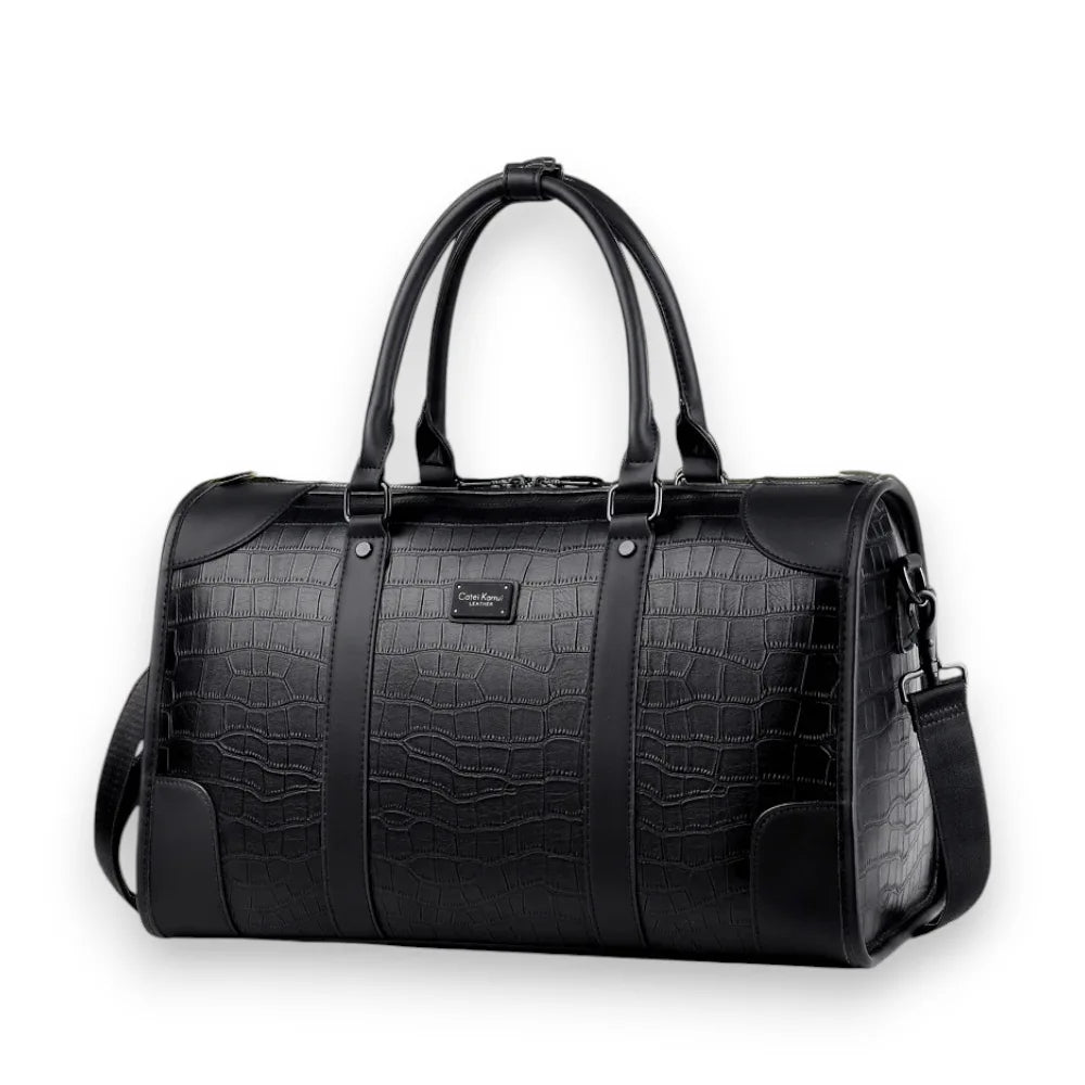 Sac de voyage imitation crocodile noir de trois quarts