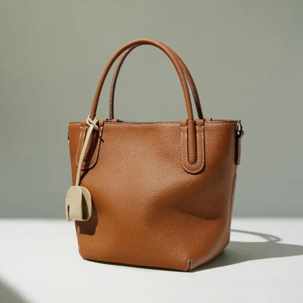 Sac seau femme en cuir véritable marron camel