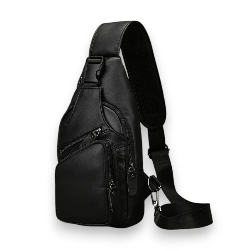 Sacoche en cuir de vache pour homme noire de trois quarts