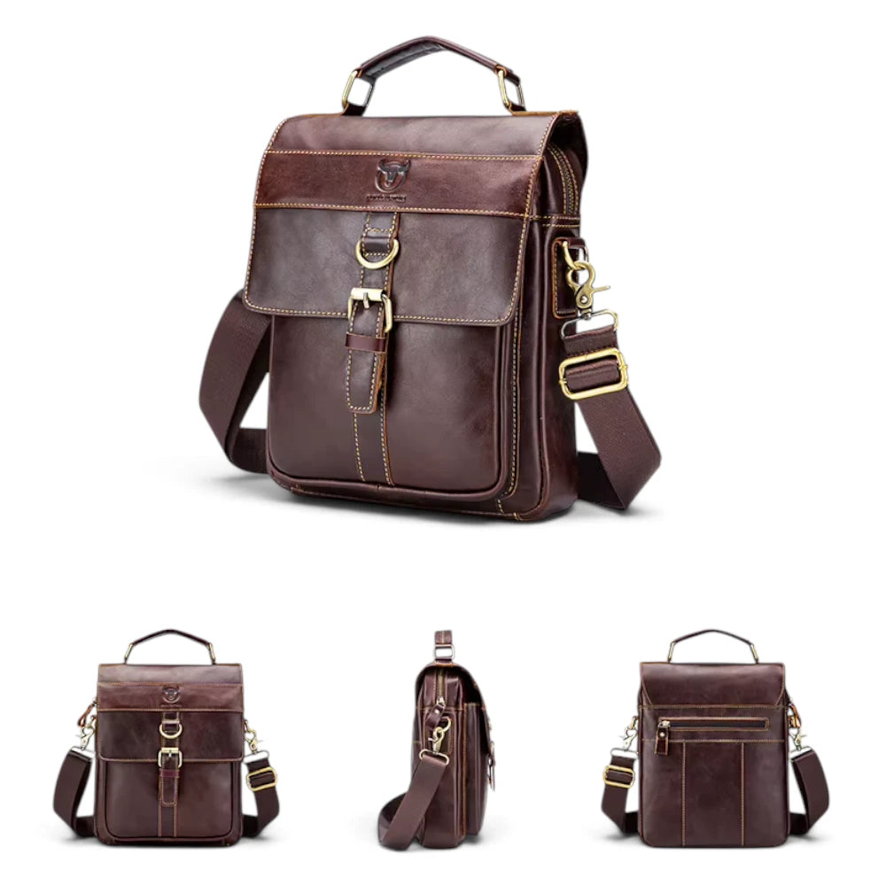 Sacoche homme bandoulière en cuir marron foncé, 4 images
