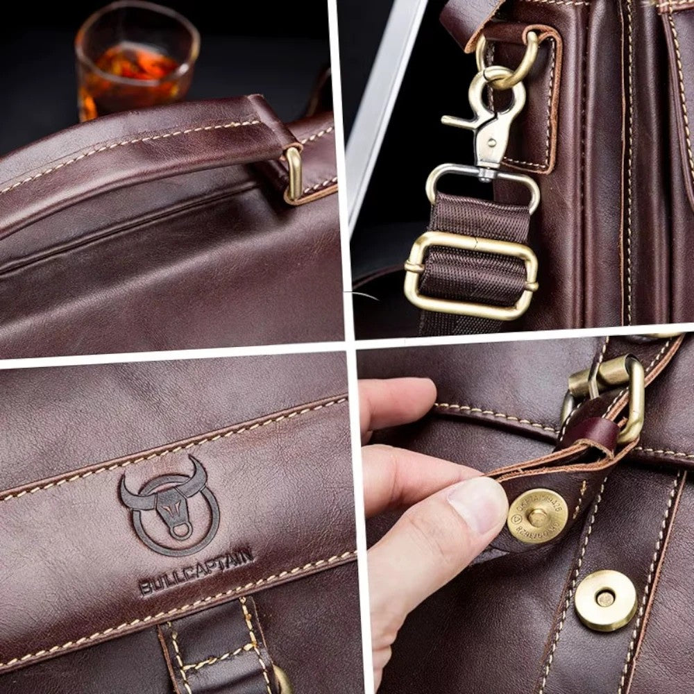 Sacoche homme bandoulière en cuir marron foncé, détails