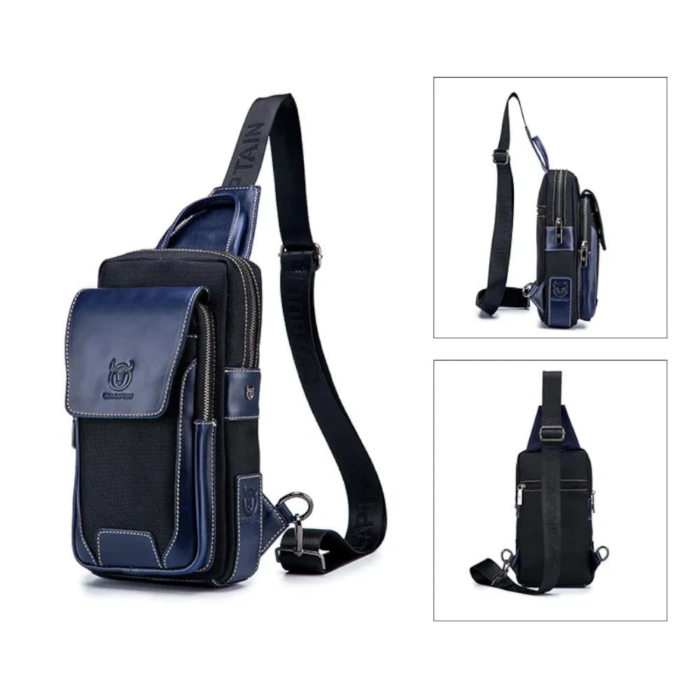 Sacoche homme cuir et tissu bleue avant, arrière et côté