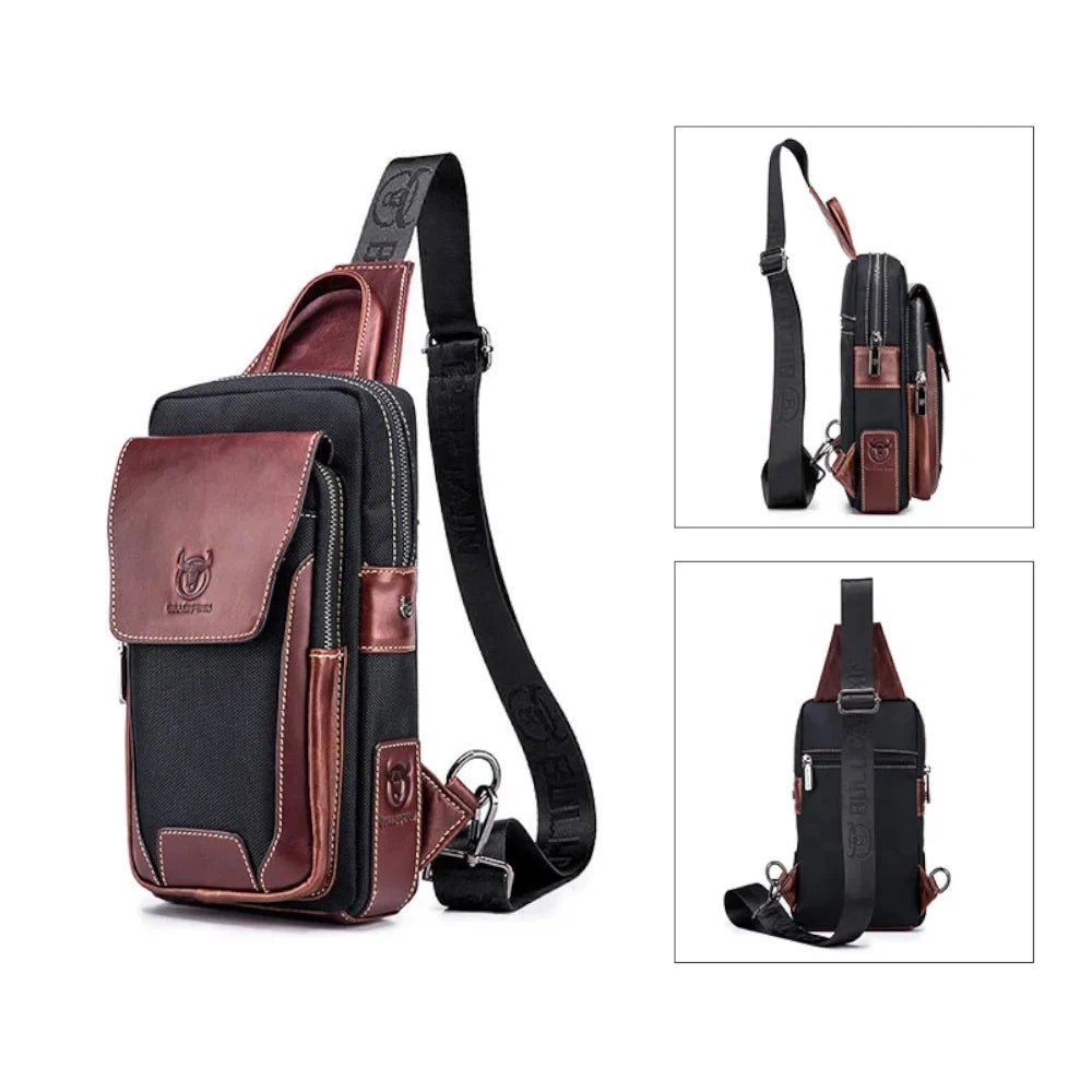 Sacoche homme cuir et tissu marron avant, arrière et côté