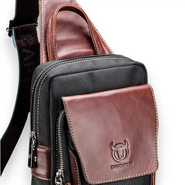 Sacoche homme cuir et tissu marron détails