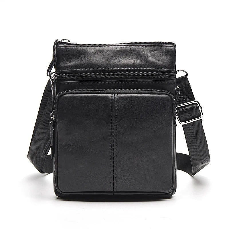Sacoche homme en cuir véritable de couleur noire, vue de face