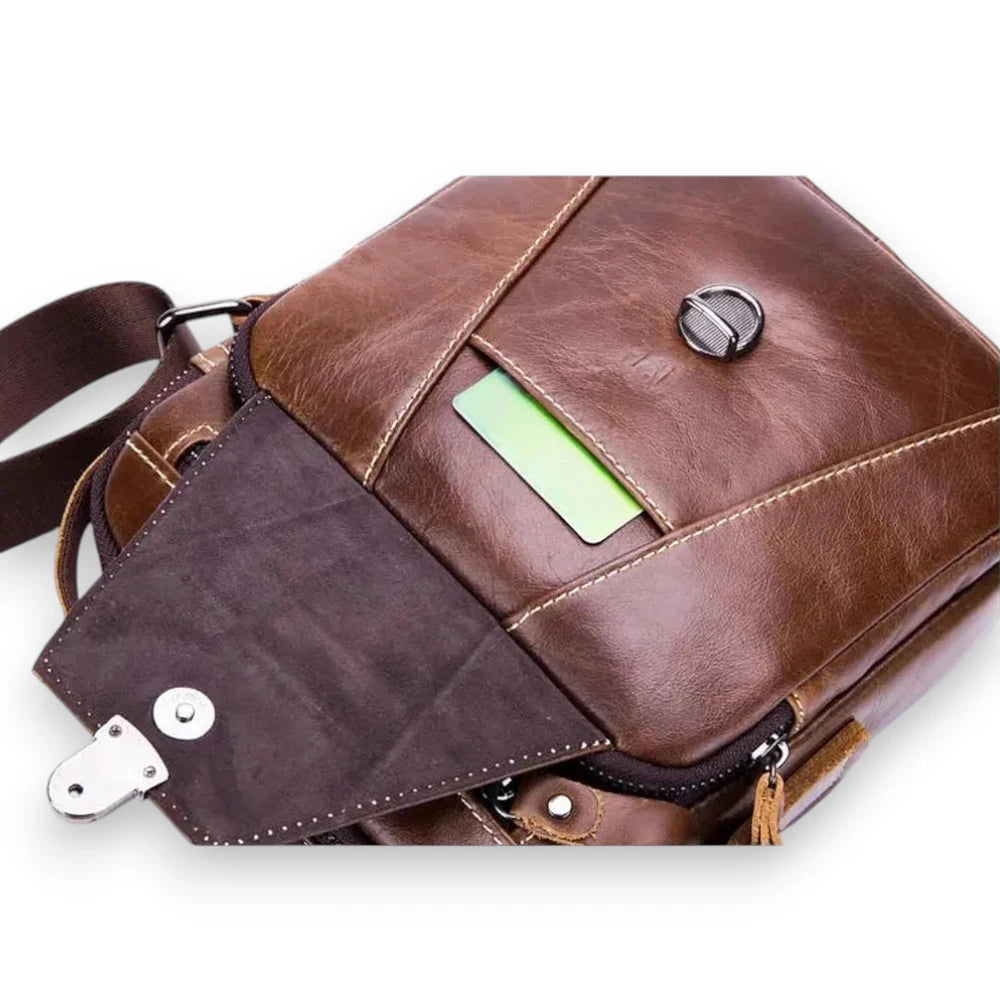 Détail de la poche carte sur sacoche homme en cuir véritable marron