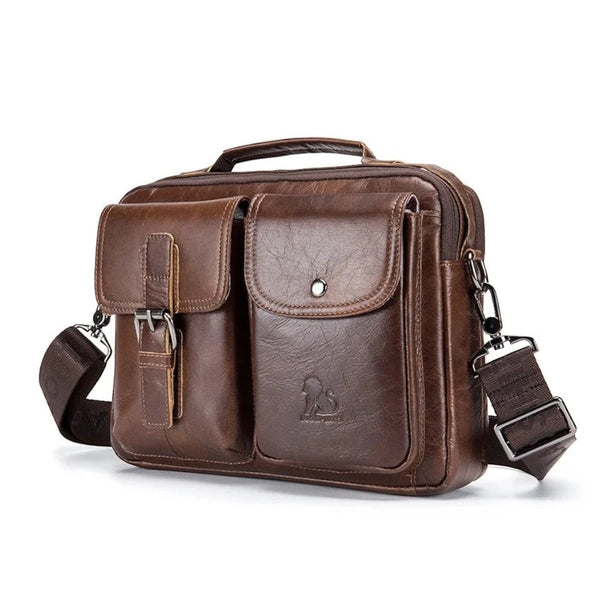 Sacoche homme cuir véritable au style vintage de couleur marron, vue de trois quarts