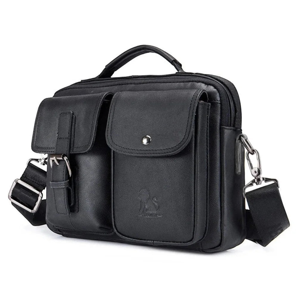 Sacoche homme cuir véritable au style vintage de couleur noire, vue de trois quarts