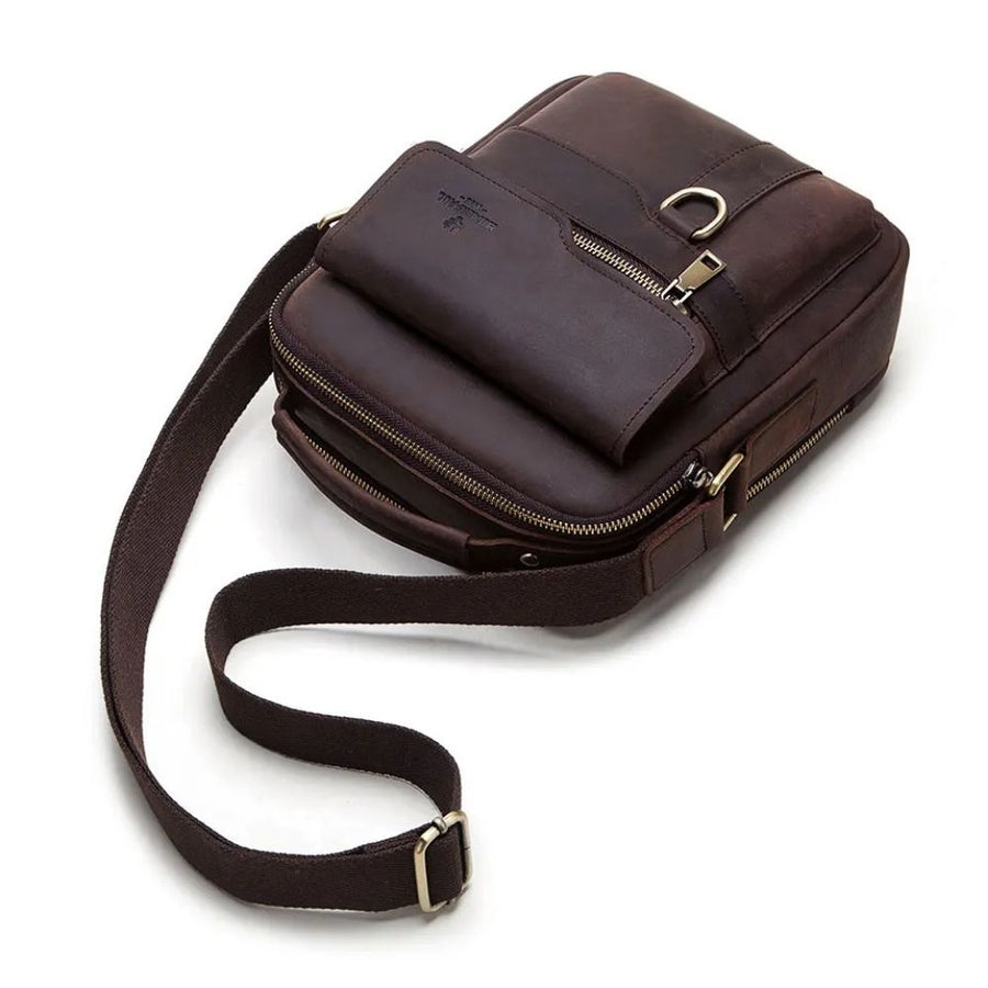 sacoche homme cuir vintage marron à plat