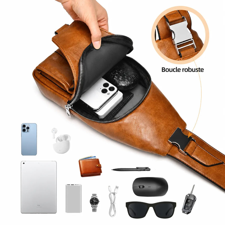 Sacoche homme en simili cuir avec intérieur ouvert et rangements