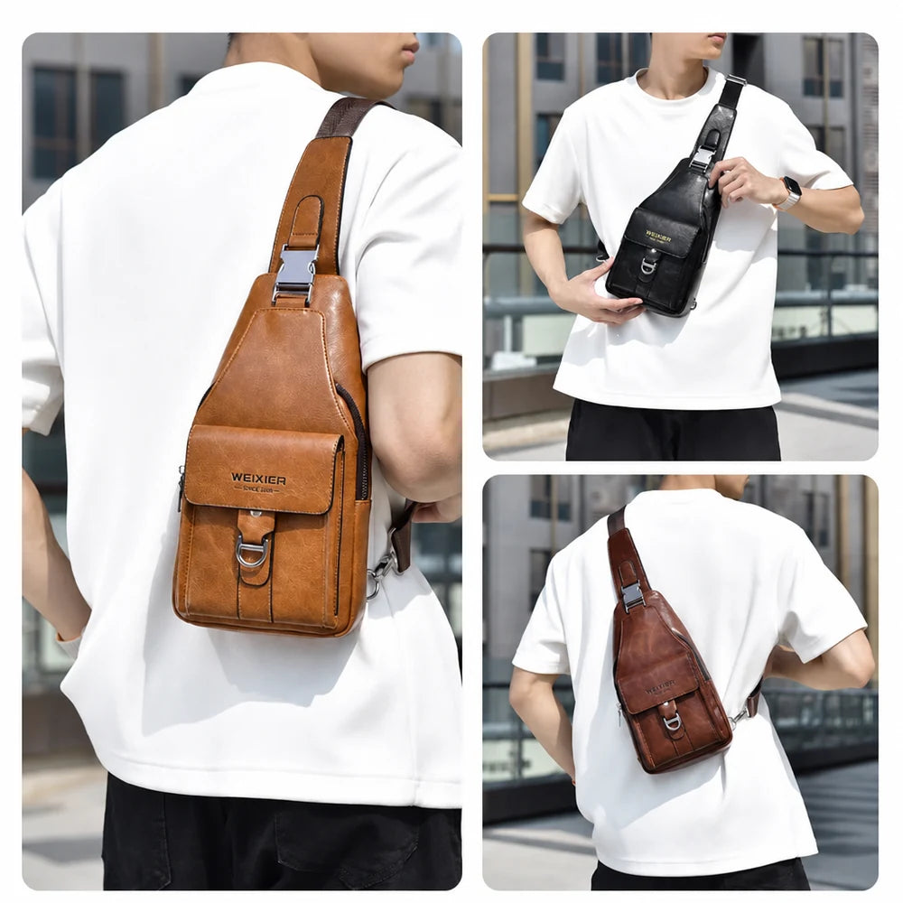 Sacoche homme en simili cuir portée en bandoulière, vue lifestyle