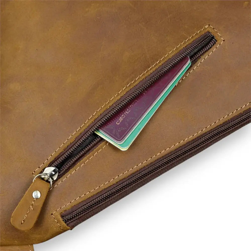 Sacoche homme triangle en cuir camel fermeture