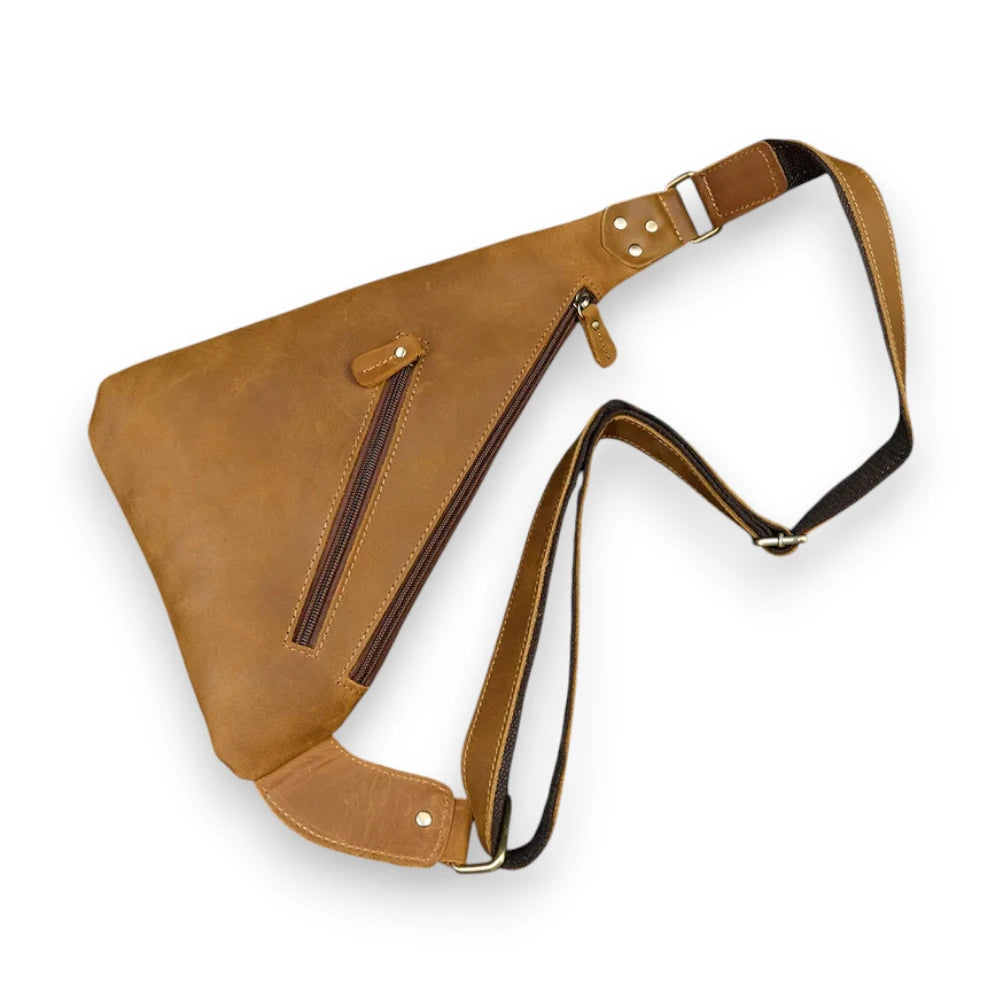 Sacoche homme triangle en cuir camel poche arrière