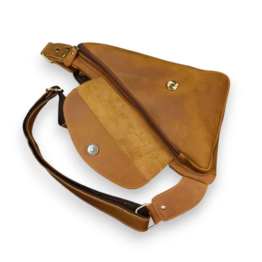 Sacoche homme triangle en cuir camel poche avant