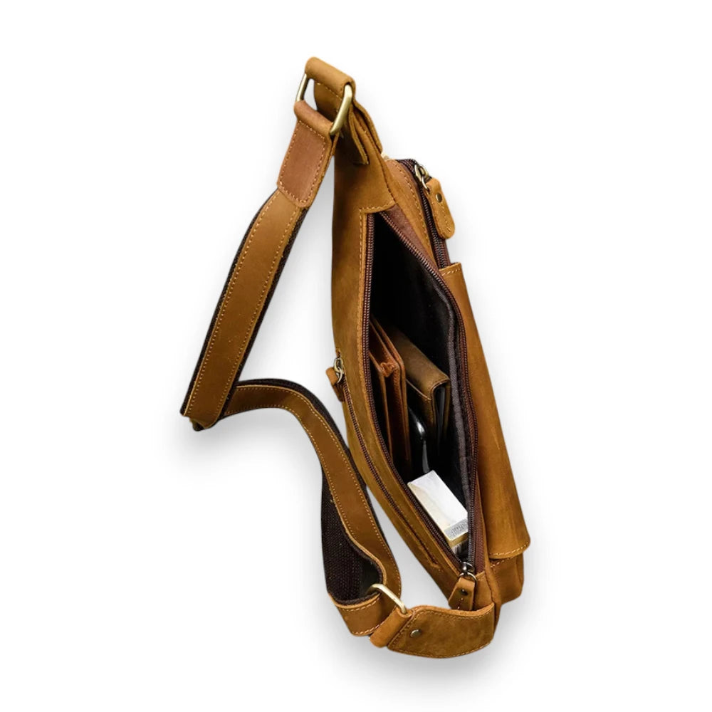 Sacoche homme triangle en cuir camel poche latérale