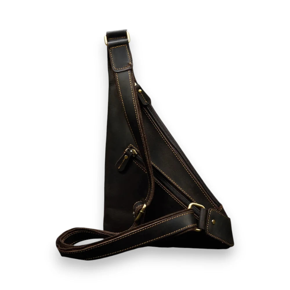 Sacoche homme triangle en cuir marron foncé arrière