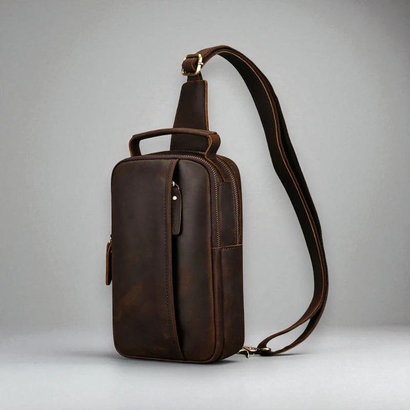 Sacoche pour homme en cuir véritable marron foncé bandoulière