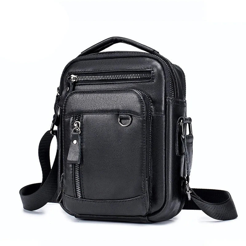 Sacoche pratique en cuir homme noir, vue de trois quarts