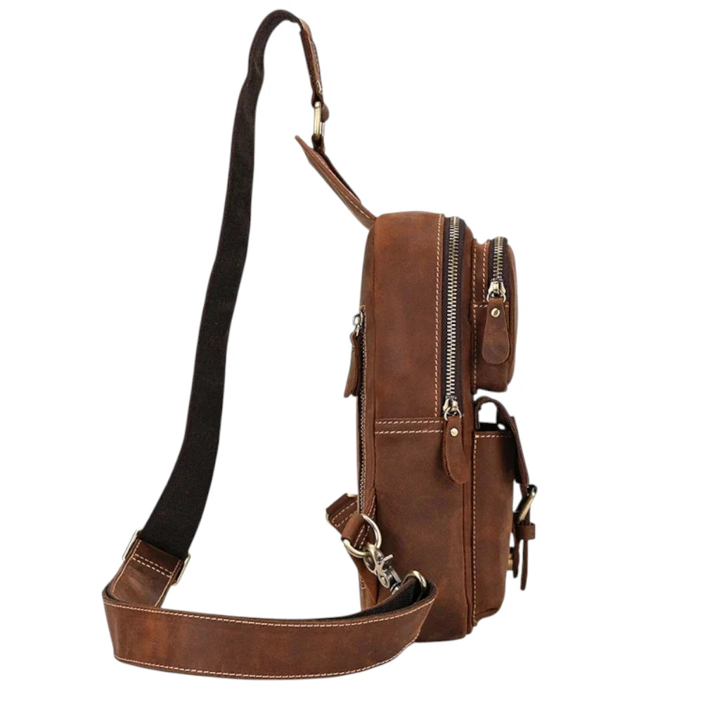 Sacoche vintage en cuir pour homme marron de côté