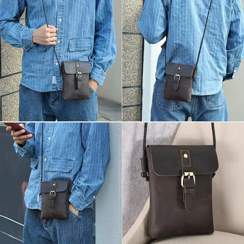 Sacoche vintage homme, 4 images d'un homme portant la sacoche