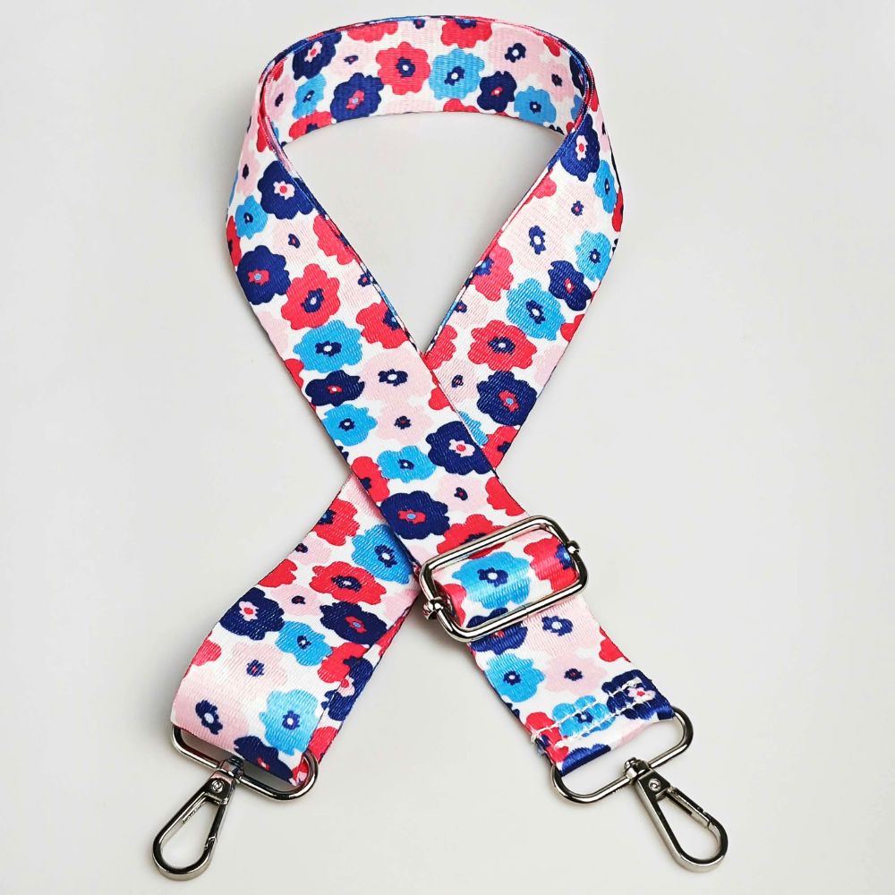 Sangle bandoulière pour sac motif floral bleu ciel