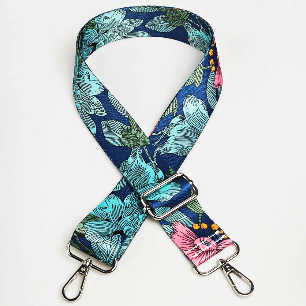 Sangle bandoulière pour sac motif floral bleu turquoise
